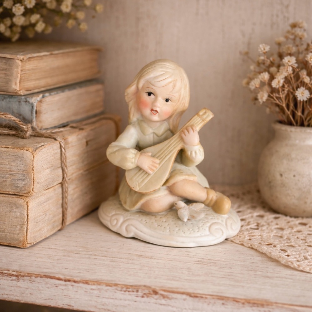 Vintage 1986 Girl Playing Mandolin Ceramic Figurine